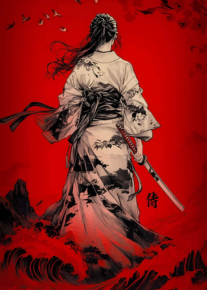 Samurai Woman in Kimono with Katana