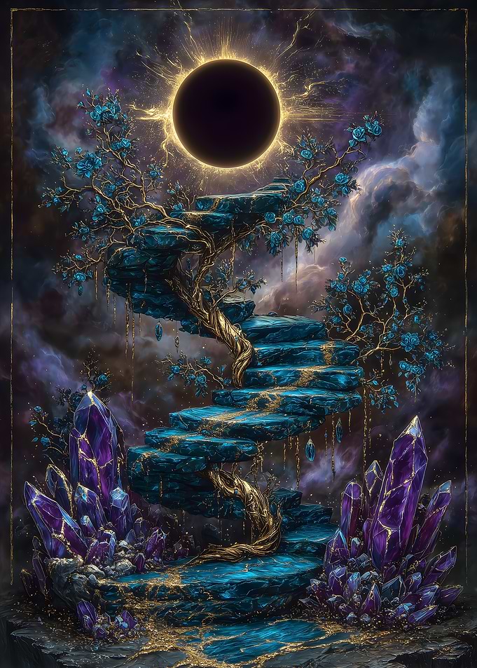 Celestial Stairway with Crystals and Eclipse