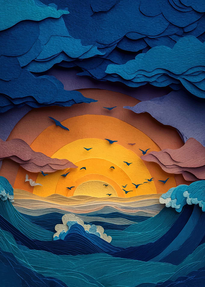 Papercut Ocean Sunset with Birds