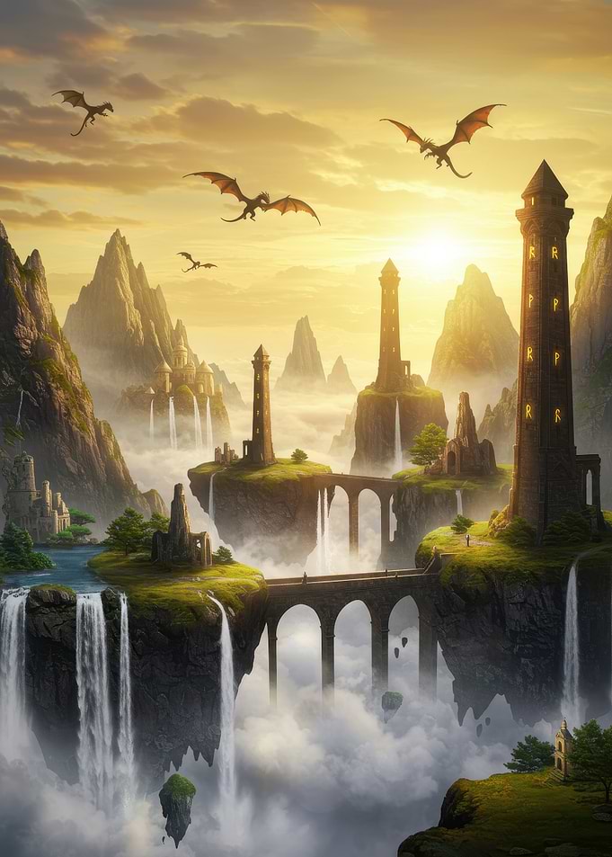 Fantasy Landscape with Dragons and Towers