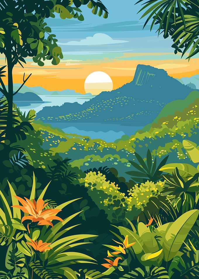 Tropical Landscape with Mountain and Sunset