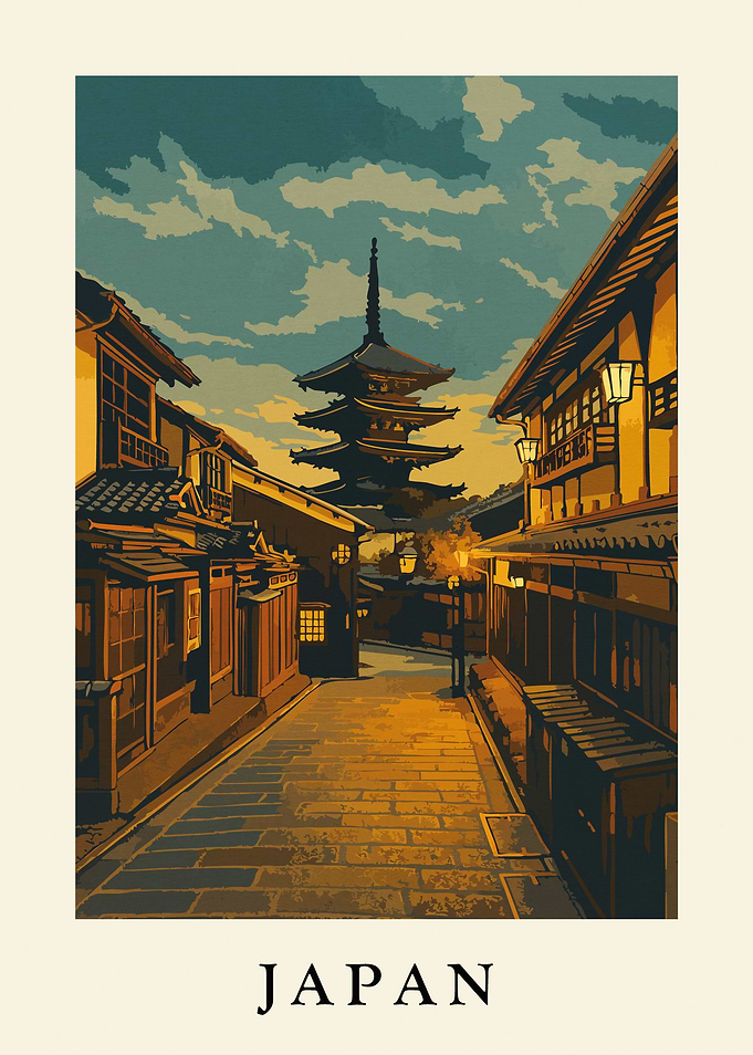 Japanese Pagoda Street Scene Illustration