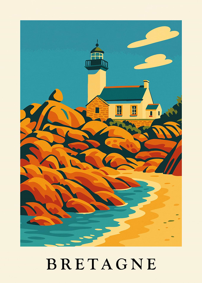Bretagne Lighthouse Coastal Scene Illustration