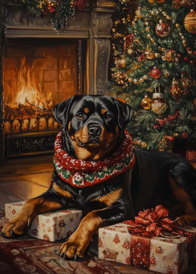 Rottweiler Christmas Portrait | Christmas Tree Dog Print