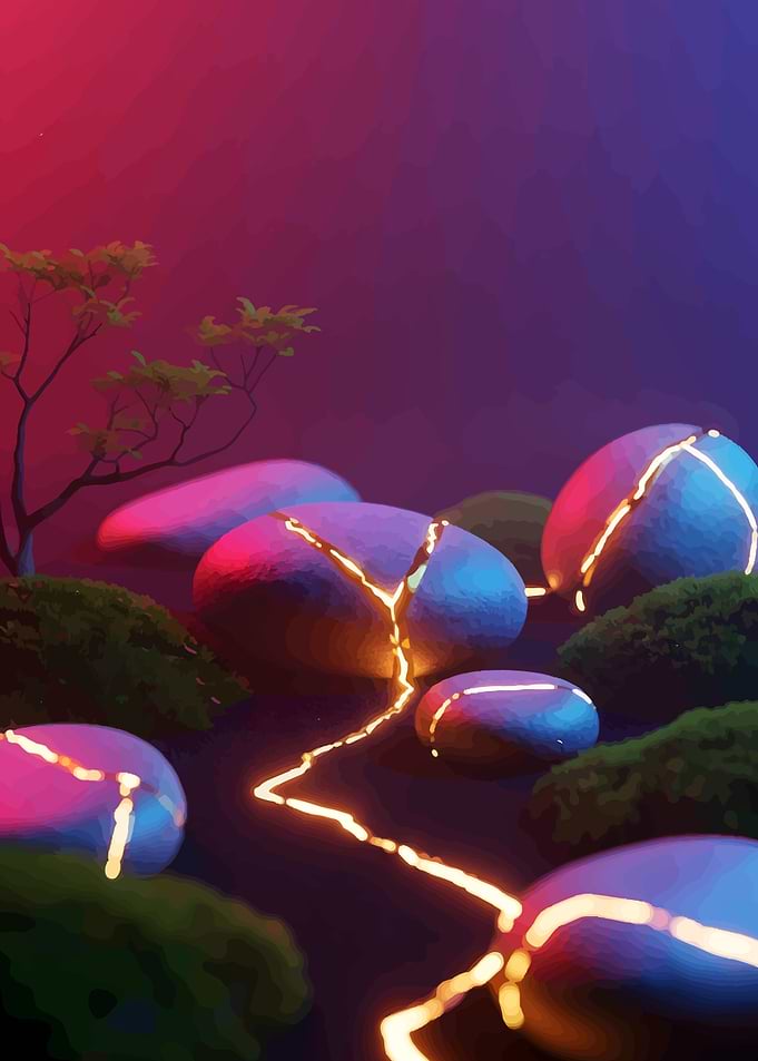 Kintsugi Stones in a Dreamy Landscape