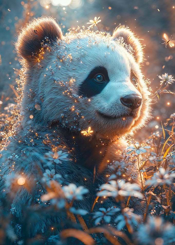Panda in a field of flowers