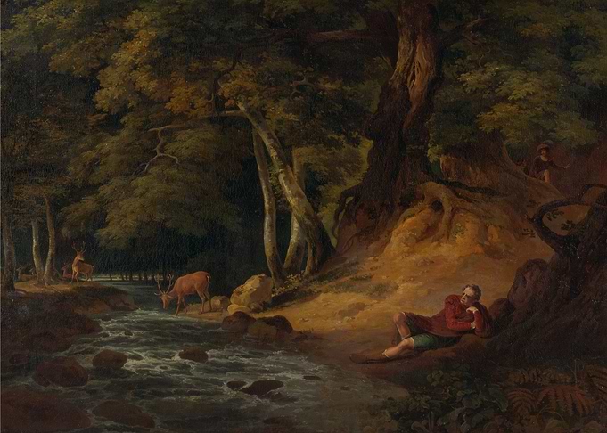 Forest Scene with Deer and Figures