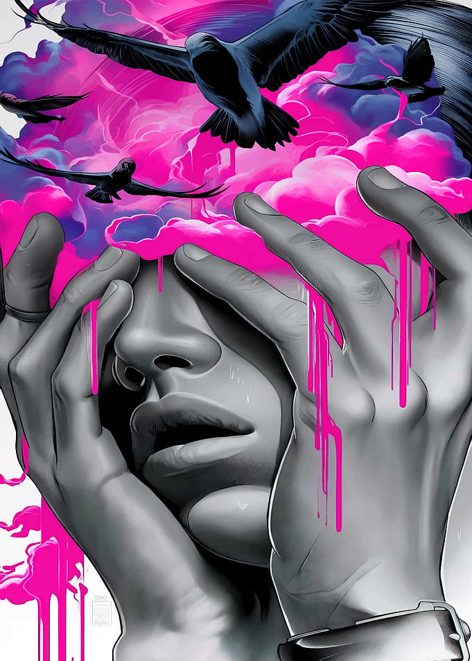 Distressed Woman with Birds and Pink
