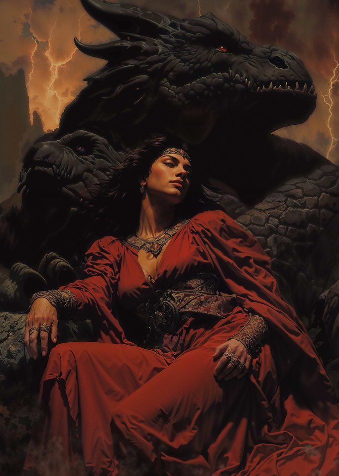 Woman with Dragon in Fantasy Setting