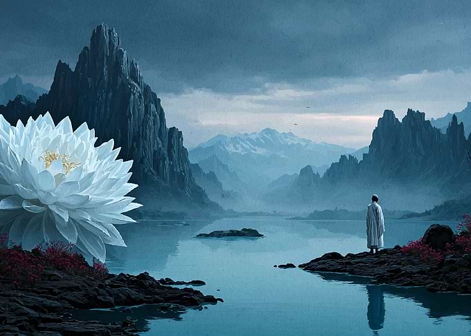 Lotus, Mountains, and Contemplative Figure