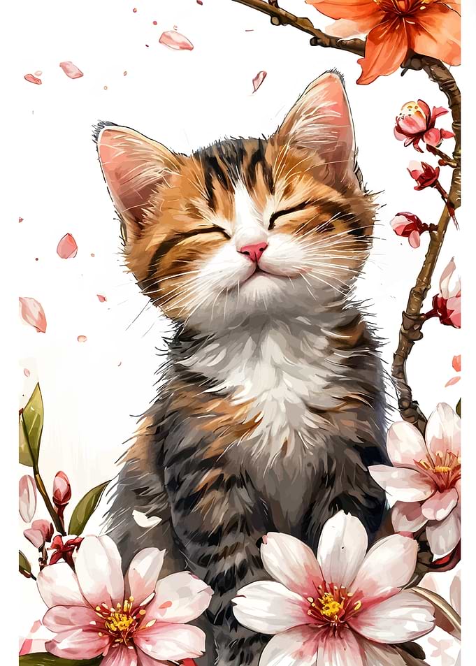 Smiling Kitten with Flowers