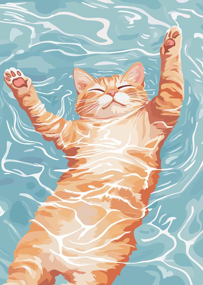 Cat Floating in Water Illustration