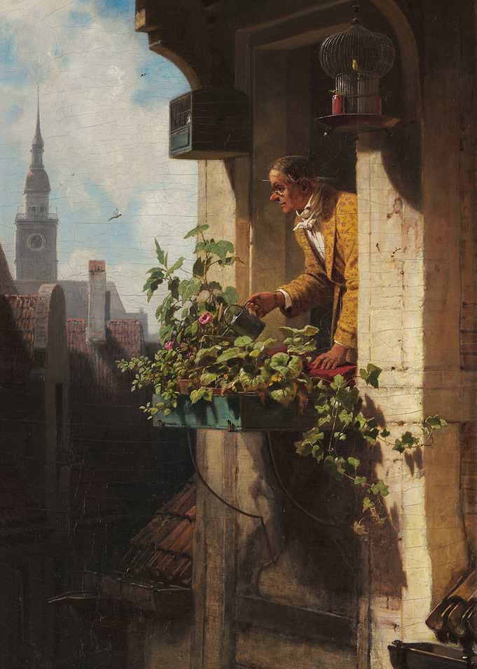 Man Watering Plants on Balcony Painting