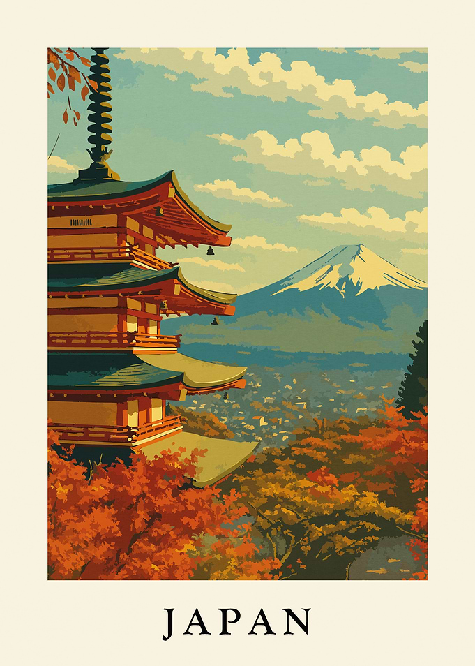 Japan Landscape with Pagoda and Mountain