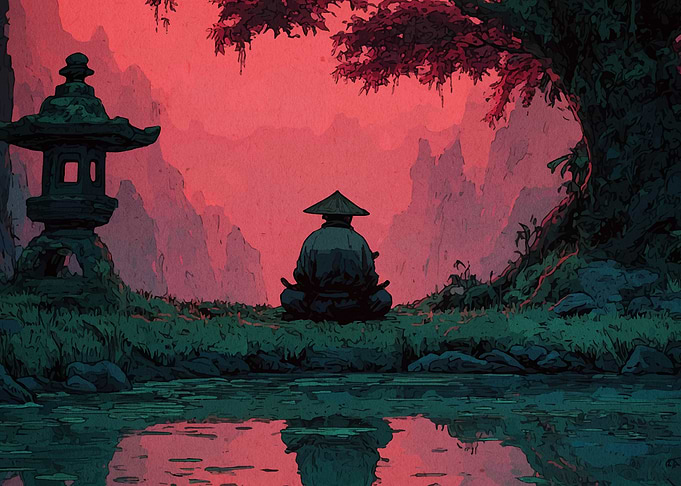 Meditating Samurai by a Pond