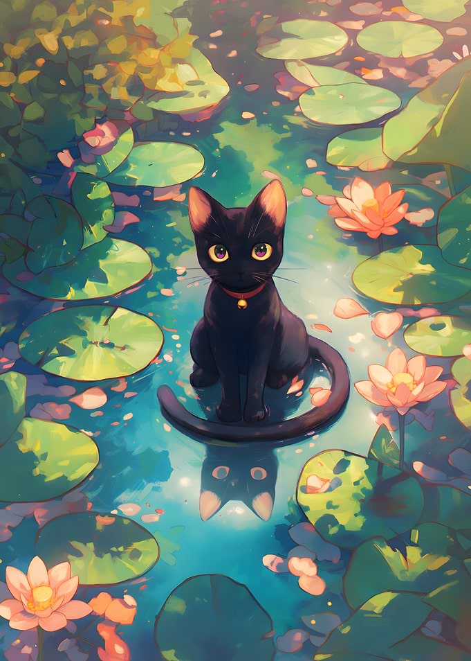Black cat in a lily pond cute cat