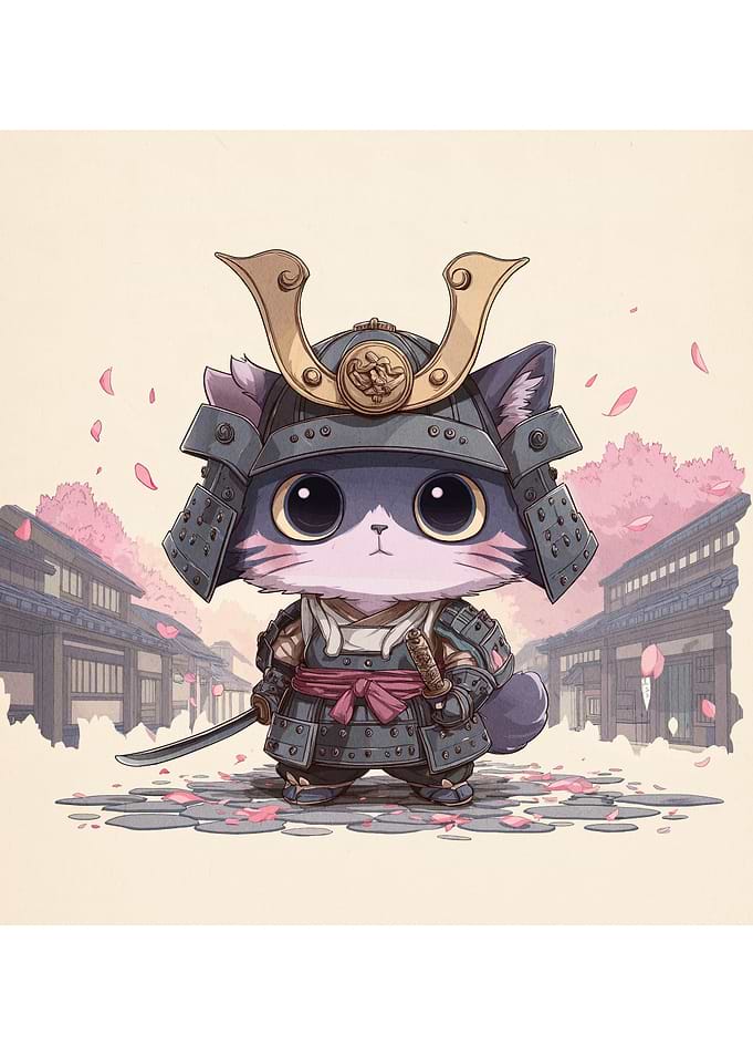 Samurai Cat in Japanese Village