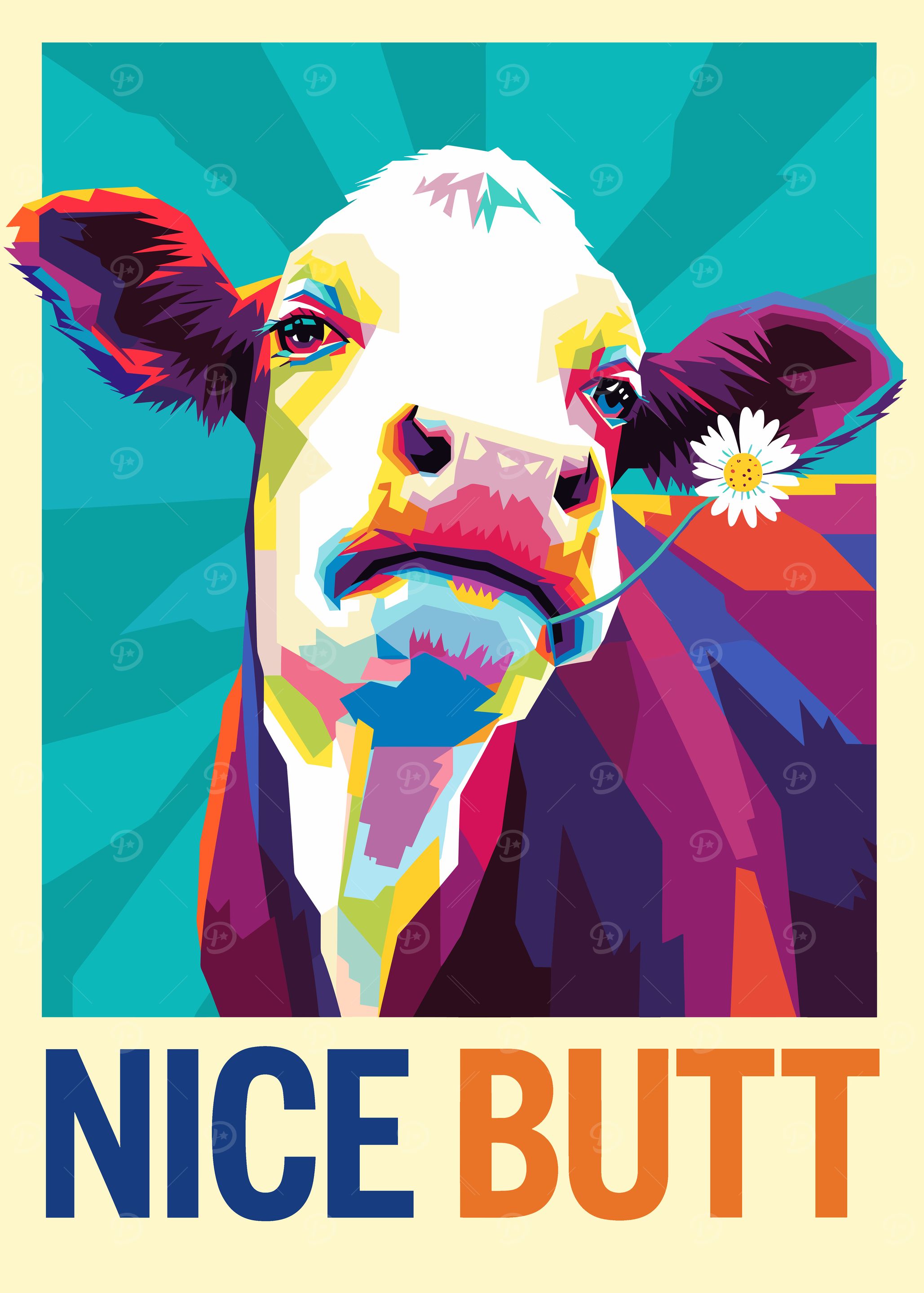 Colorful Cow with Flower and Text