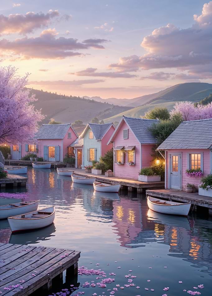 Serene Pastel Harbor Village at Dawn