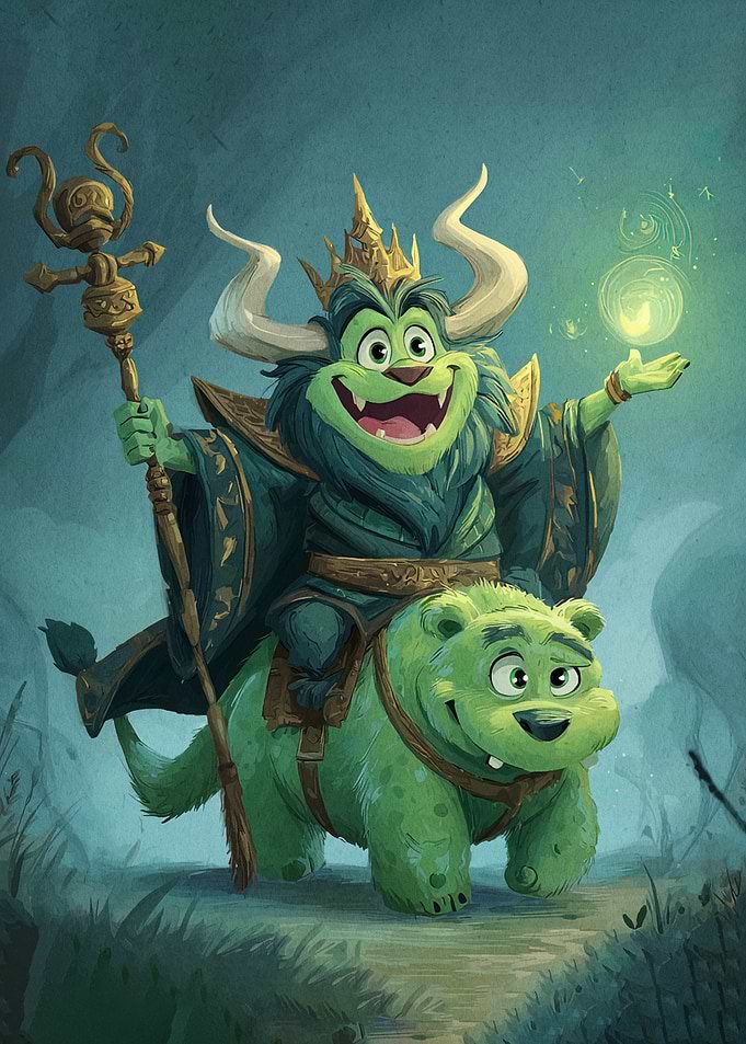 Green Monster King Riding a Bear