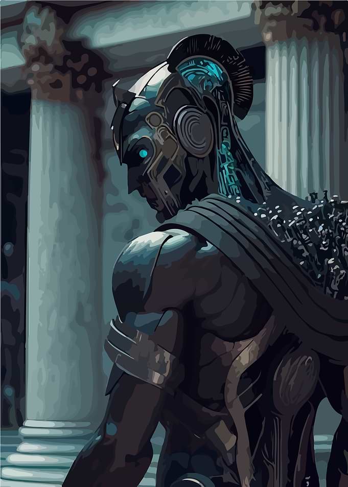 Cyberpunk Warrior in Ancient Ruins