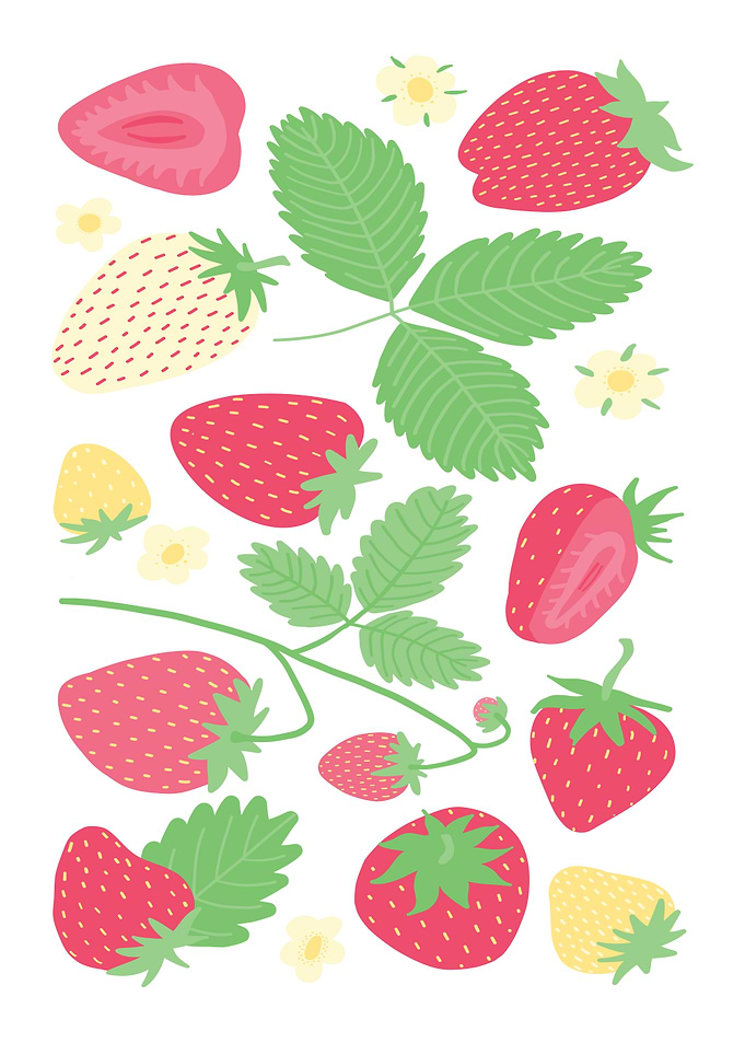 Strawberry Pattern with Leaves and Flowers