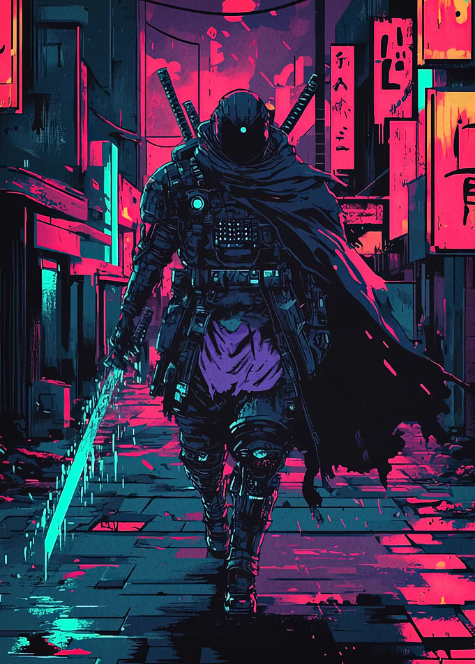 Cyberpunk Ninja in Neon Cityscape