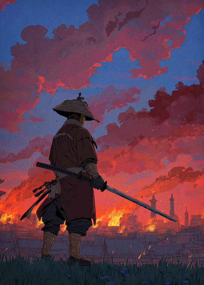 Samurai watching burning city digital art