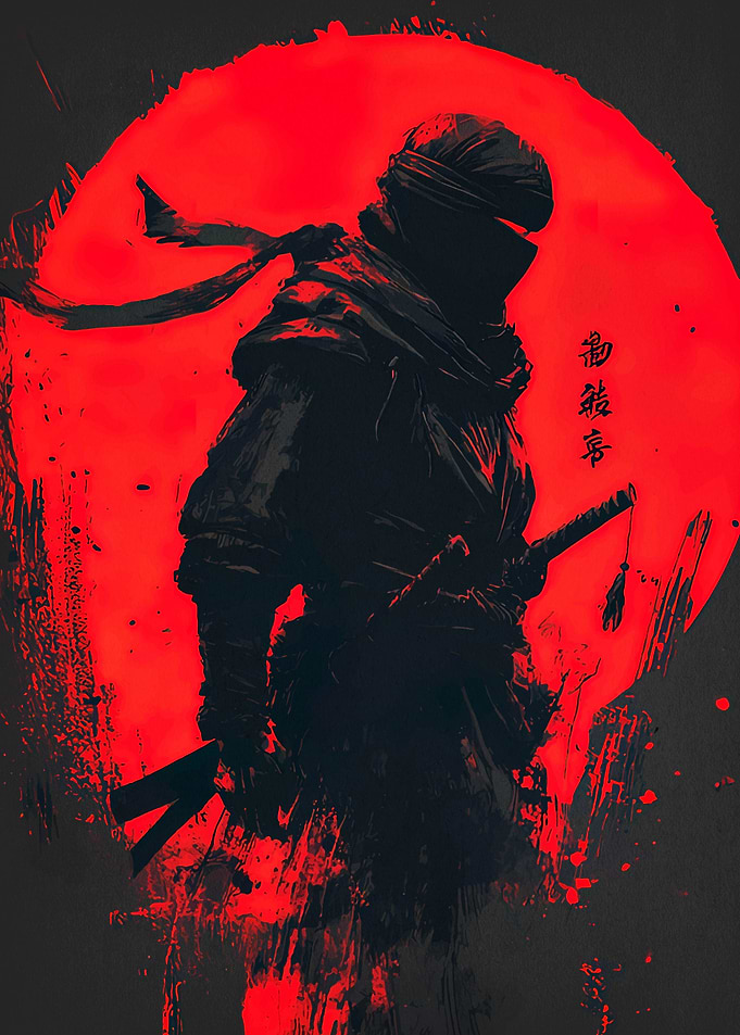 Silhouette of a Ninja with Red Sun