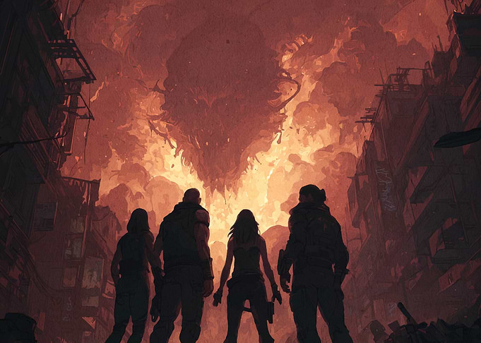 Apocalyptic Team Facing a Monster