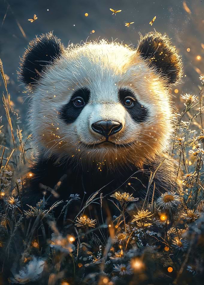 Panda in a field of flowers