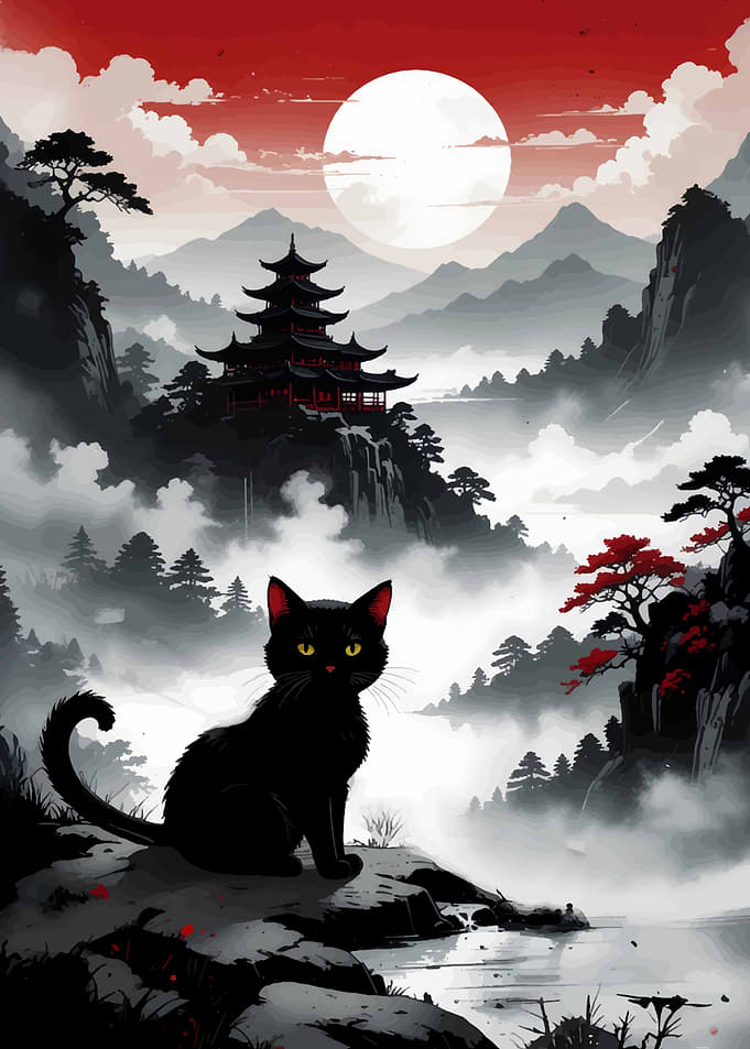 Black Cat in Japanese Landscape