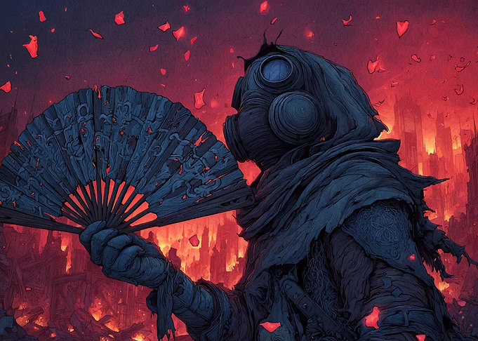 Gas Mask Figure with Fan in Inferno
