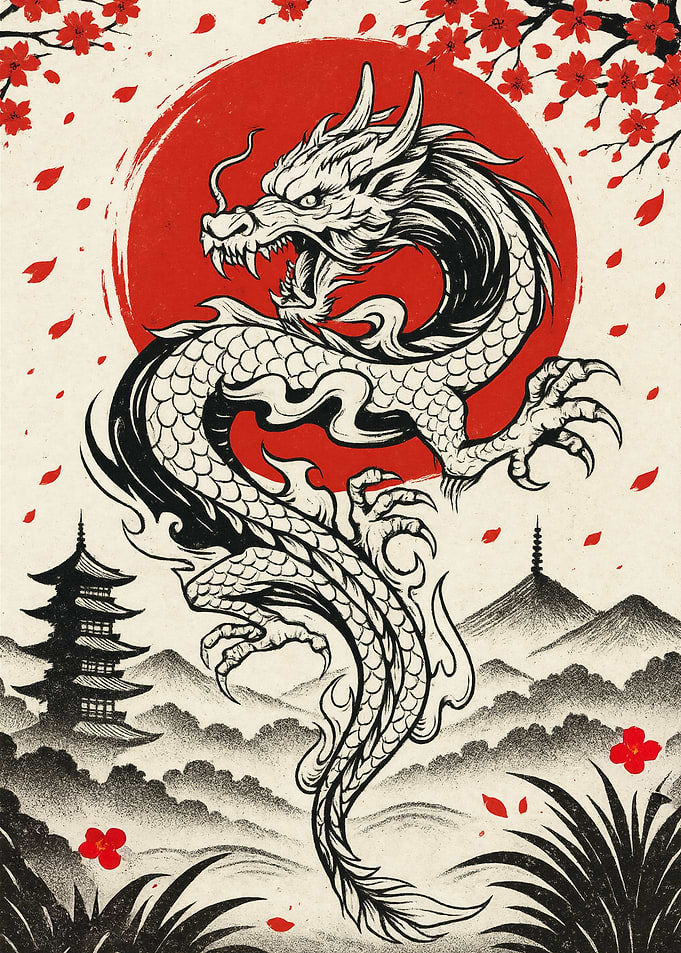 Japanese Dragon with Red Sun