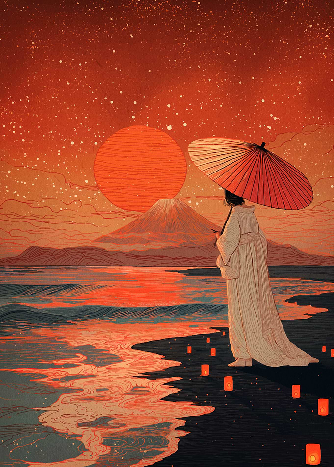 Japanese Woman with Parasol at Sunset