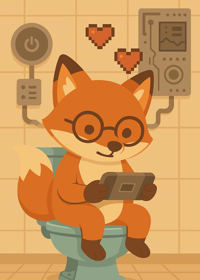 Fox on Toilet Playing Tablet