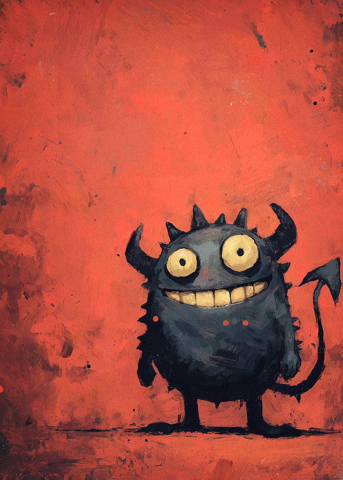 Cartoonish Devil Character on Red Background