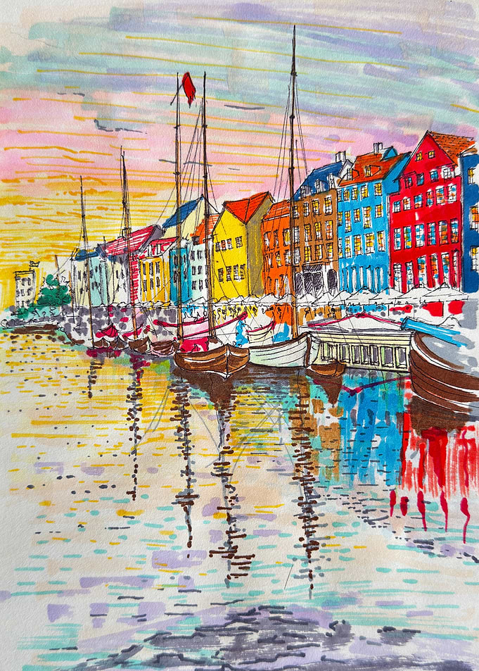Copenhagen Nyhavn Colorful Harbor Scene with Boats