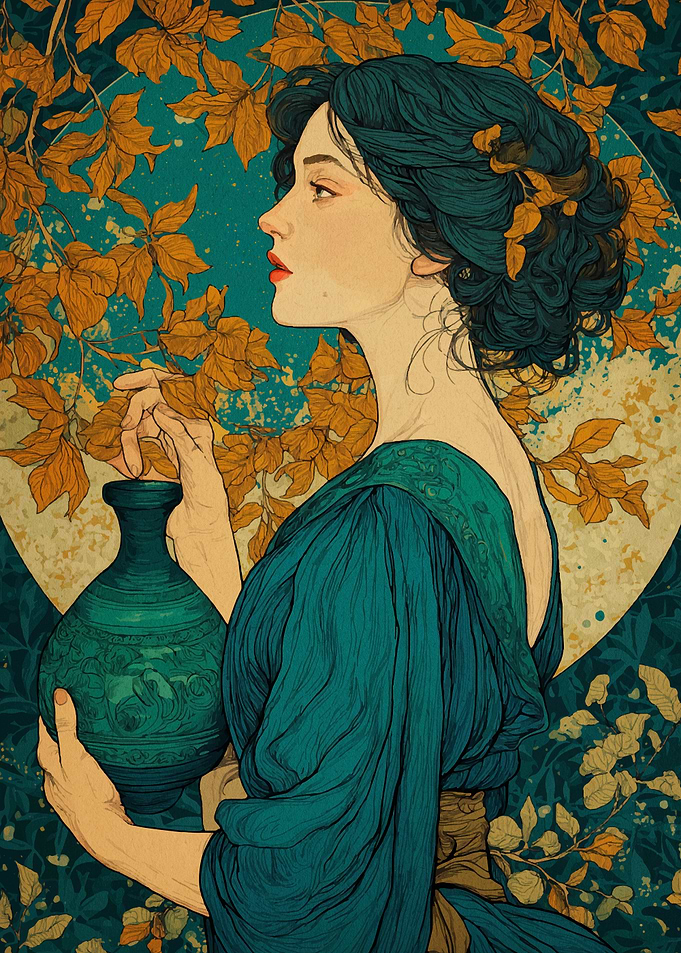 Woman with Vase and Floral Background