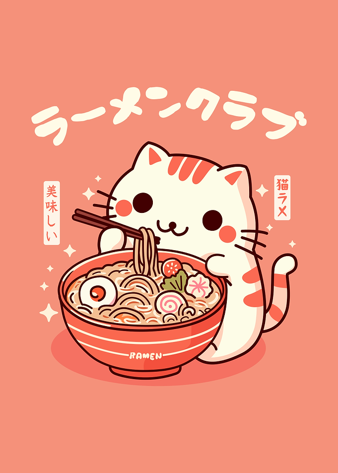 Cute Cat Eating Ramen
