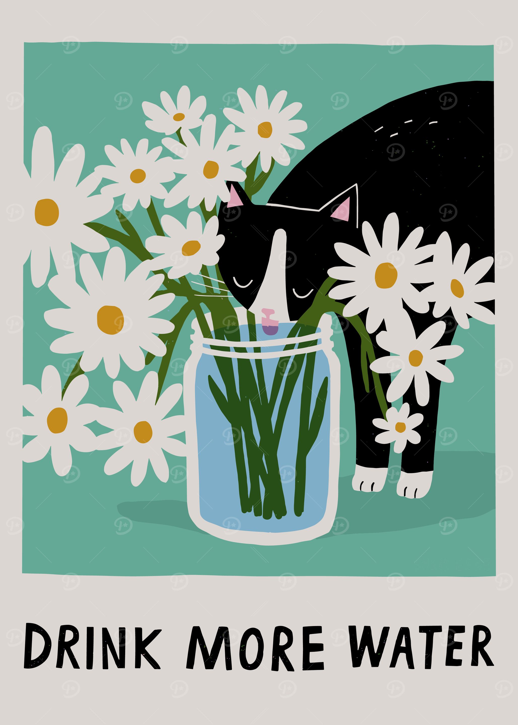 Drink More Water Cat and Flowers