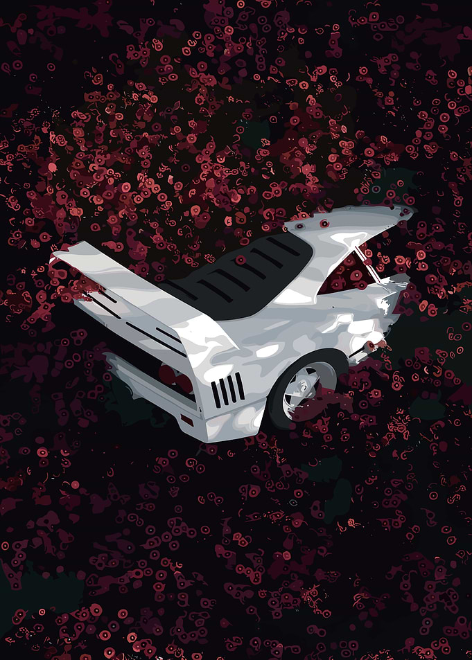 White Sports Car in Floral Abyss
