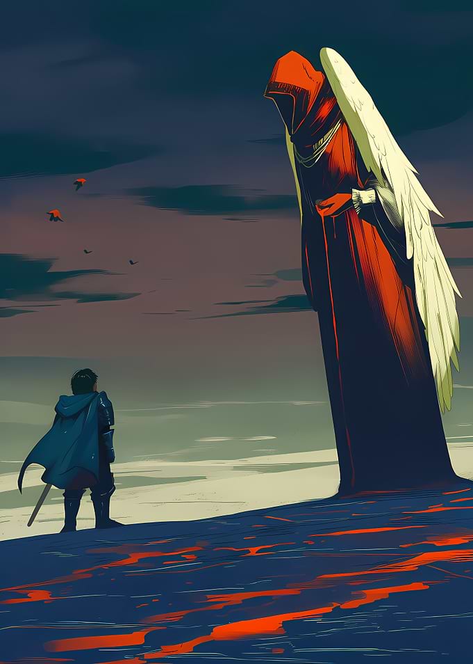 Knight and Angelic Figure Confrontation