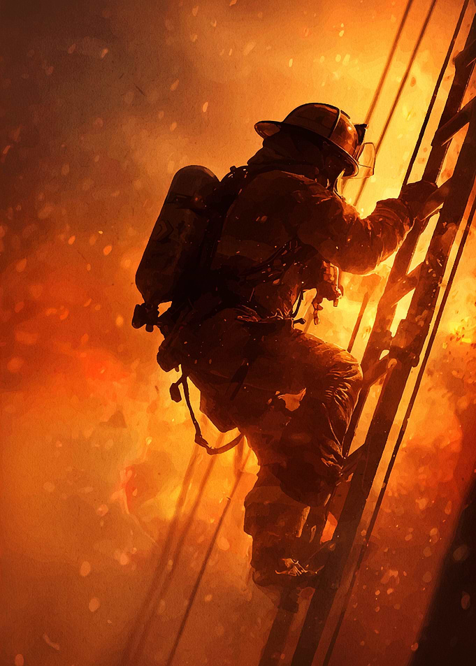Firefighter Climbing Ladder in Intense Blaze