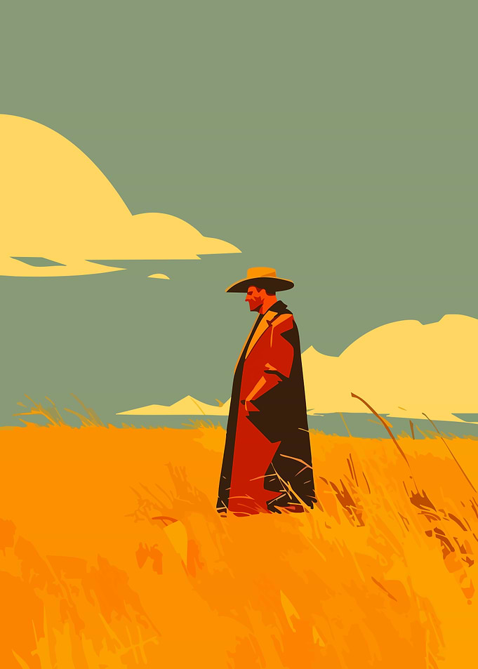 Lone Figure in Golden Field Minimalist Art Illustration