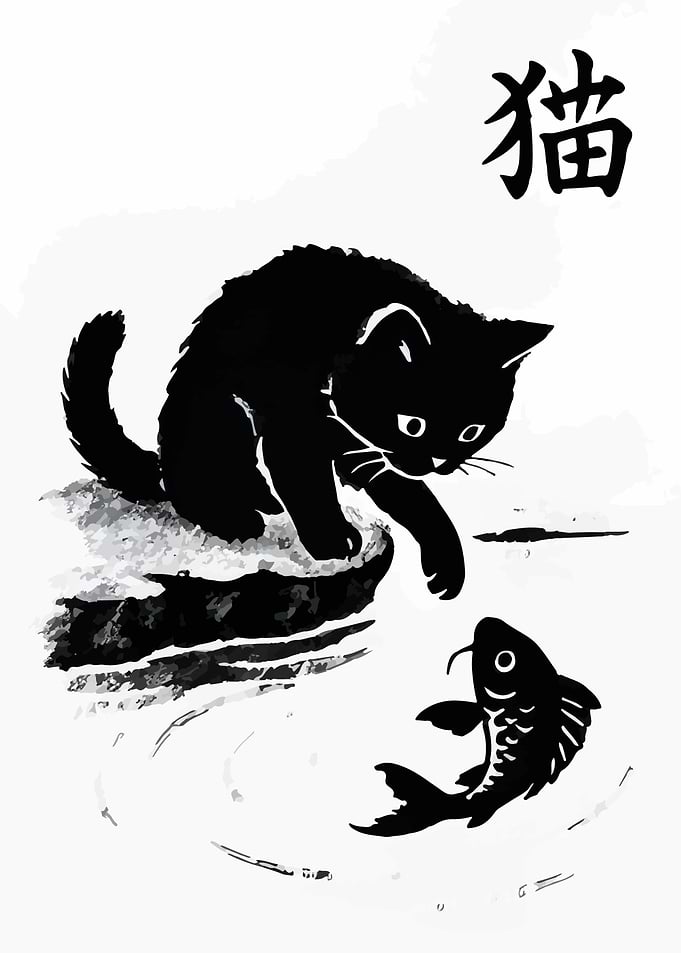 Black Cat and Fish Ink Drawing