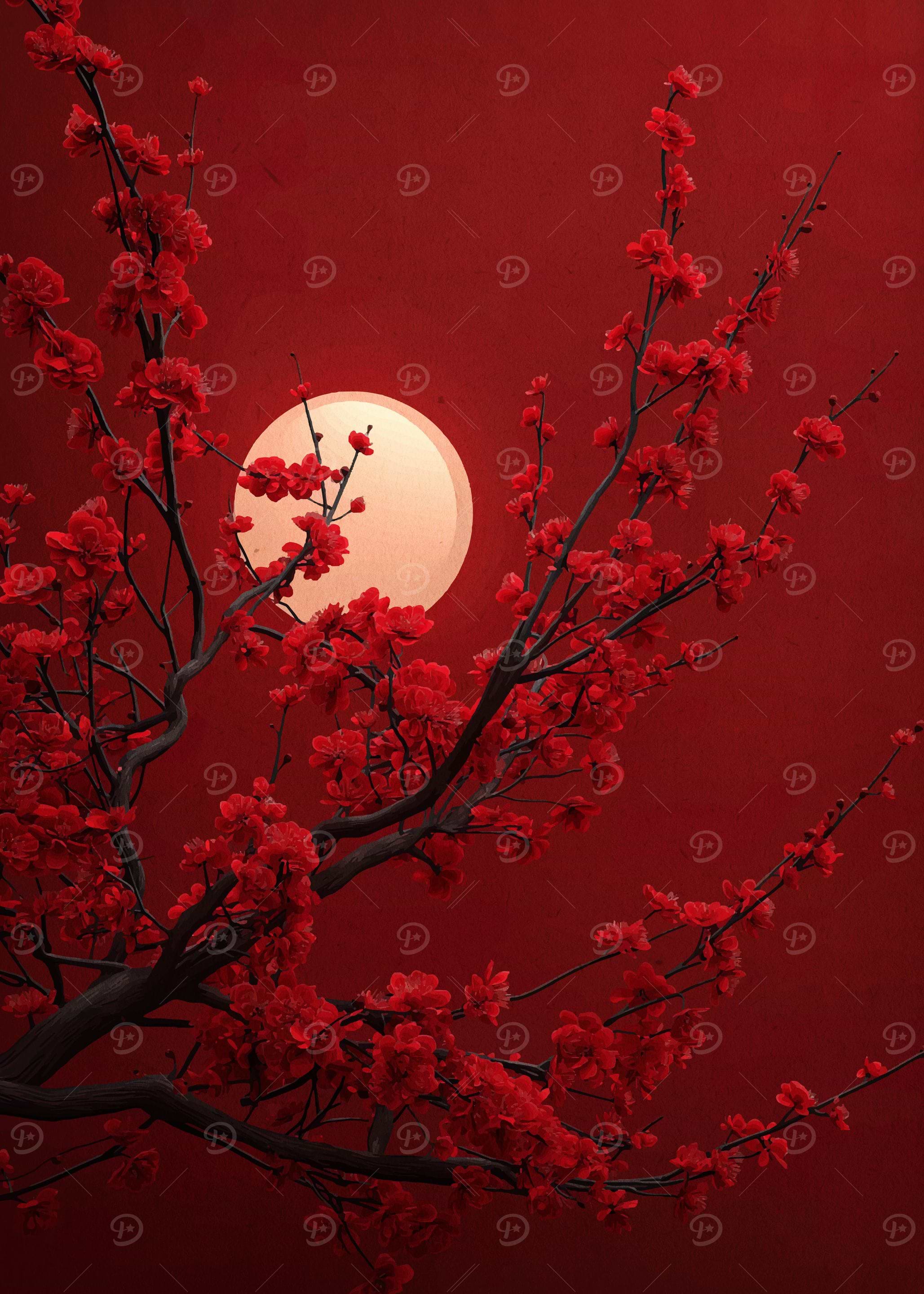 Red Blossoms Against a Pale Moon
