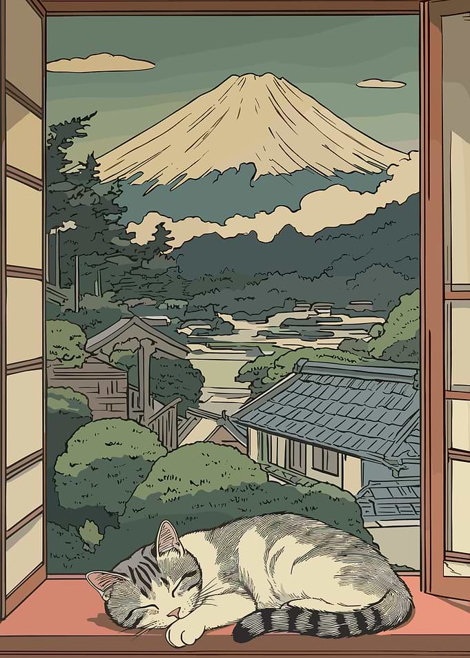 Cat Sleeping with Mount Fuji View