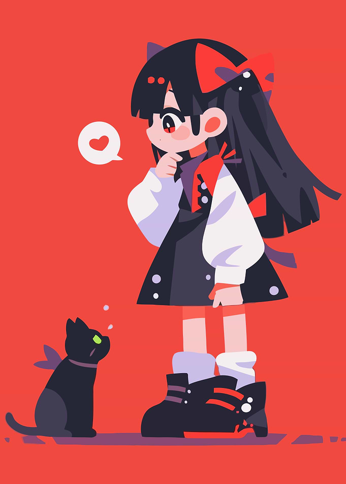 Girl and Black Cat Illustration