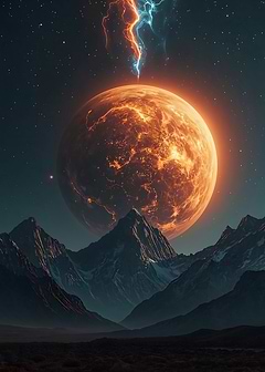 Fiery Planet Over Mountain Range